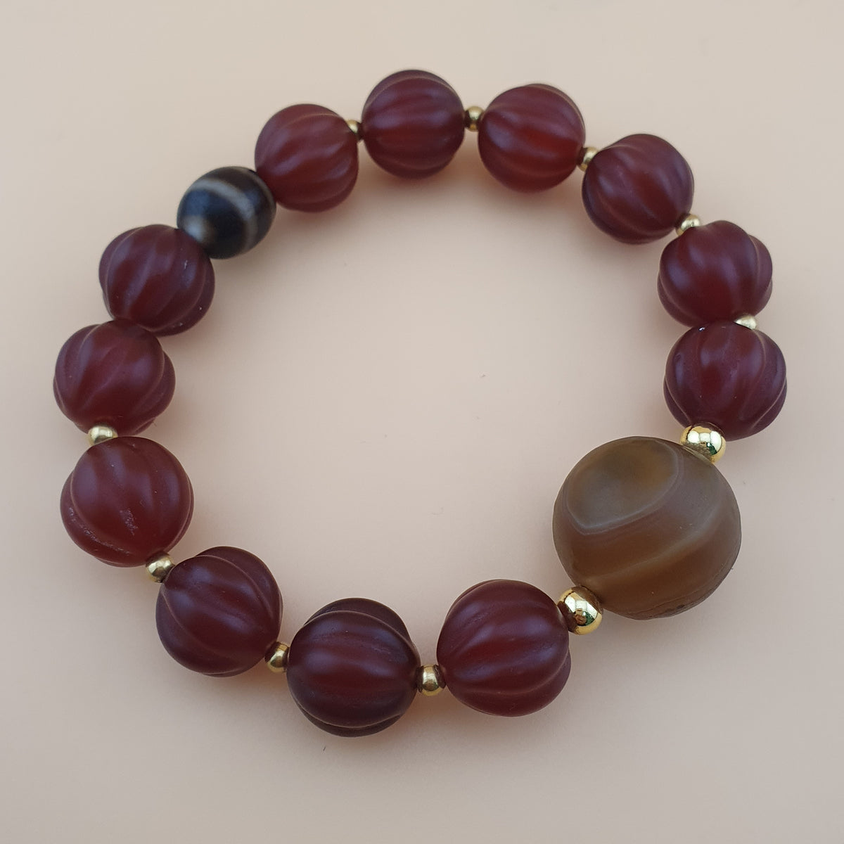 Vintage Melonenform Karneol-Achat mit mongolischem natürlichem Augen-Achat Armband