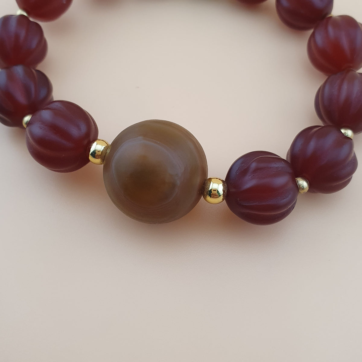 Vintage Melonenform Karneol-Achat mit mongolischem natürlichem Augen-Achat Armband