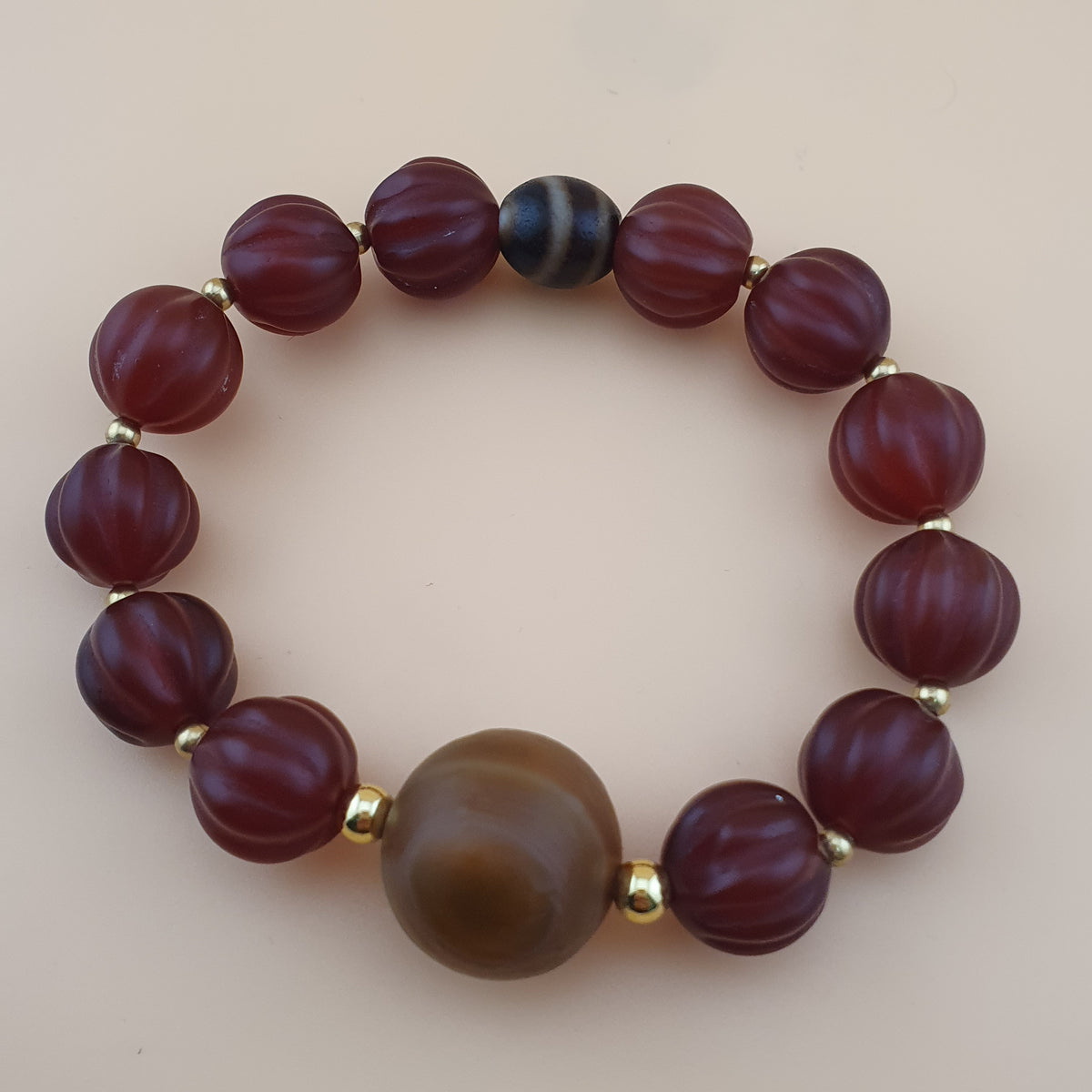 Vintage Melonenform Karneol-Achat mit mongolischem natürlichem Augen-Achat Armband