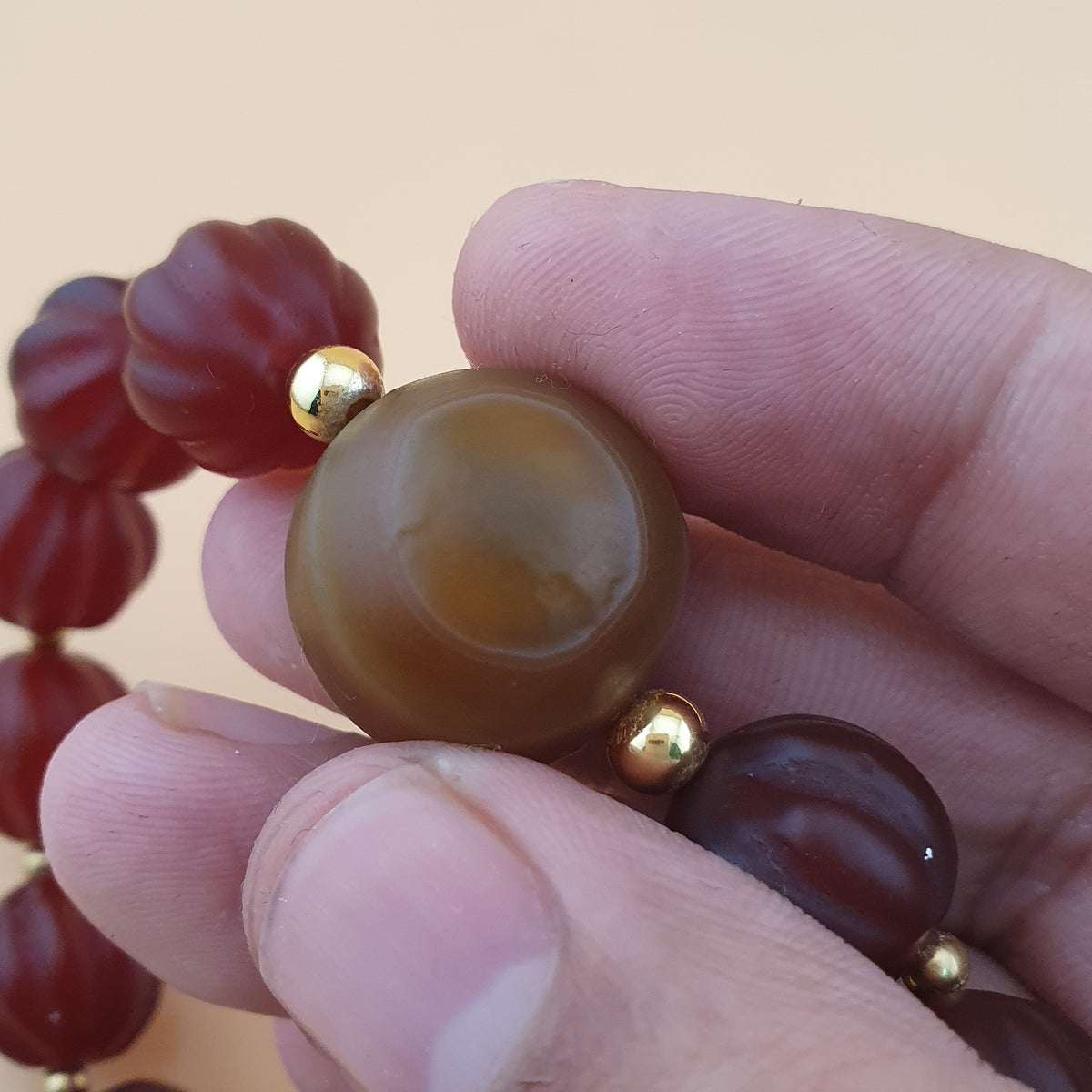 Vintage Melonenform Karneol-Achat mit mongolischem natürlichem Augen-Achat Armband