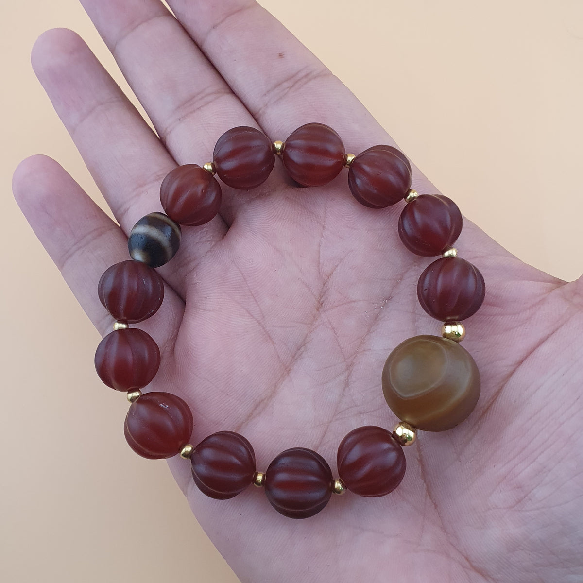Vintage Melonenform Karneol-Achat mit mongolischem natürlichem Augen-Achat Armband