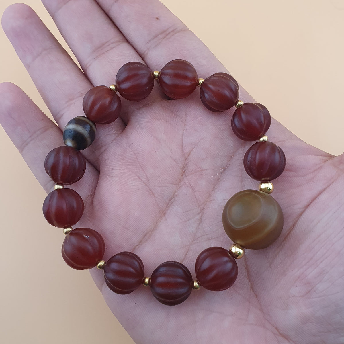 Vintage Melonenform Karneol-Achat mit mongolischem natürlichem Augen-Achat Armband