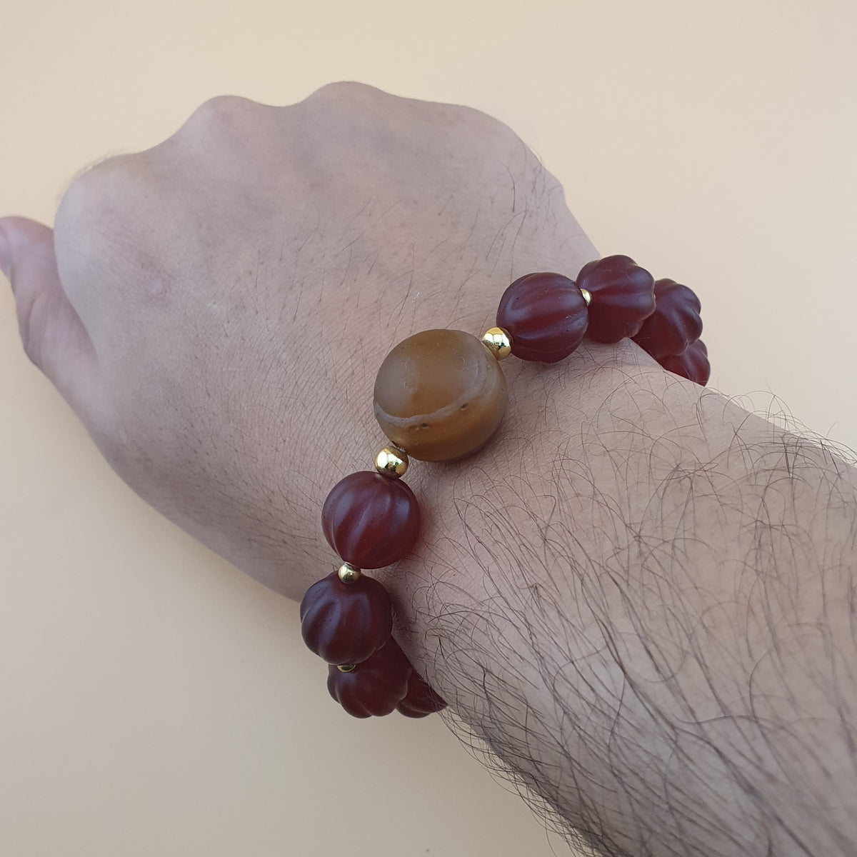 Vintage Melonenform Karneol-Achat mit mongolischem natürlichem Augen-Achat Armband