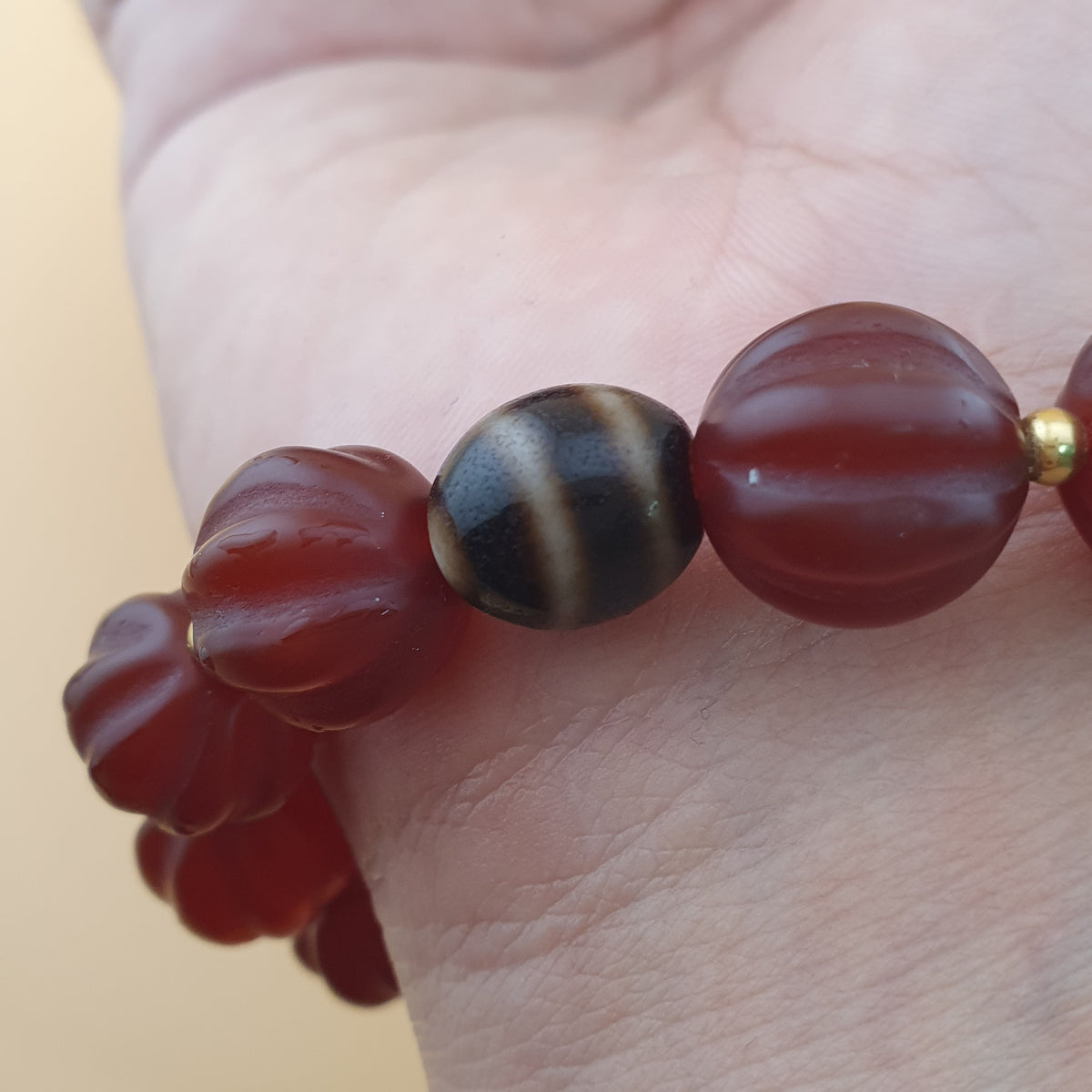 Vintage Melonenform Karneol-Achat mit mongolischem natürlichem Augen-Achat Armband