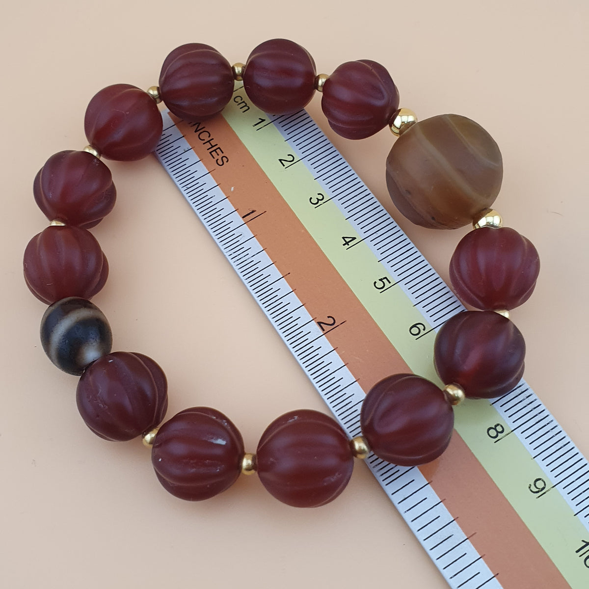 Vintage Melonenform Karneol-Achat mit mongolischem natürlichem Augen-Achat Armband