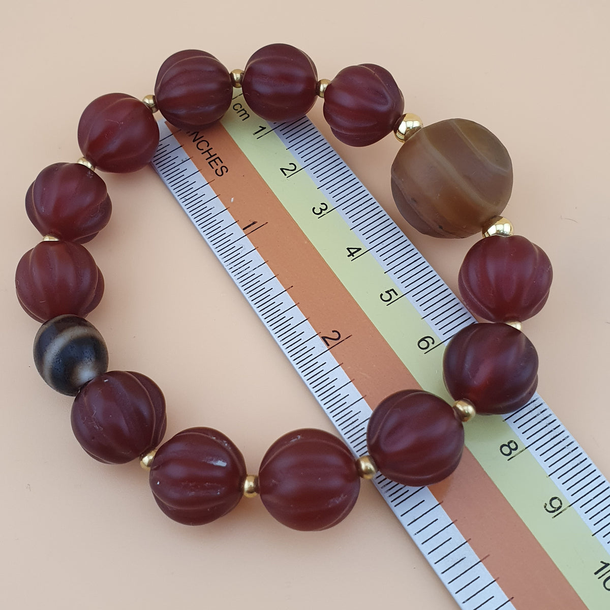 Vintage Melonenform Karneol-Achat mit mongolischem natürlichem Augen-Achat Armband