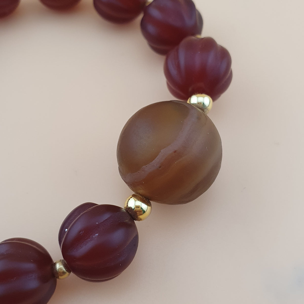 Vintage Melonenform Karneol-Achat mit mongolischem natürlichem Augen-Achat Armband