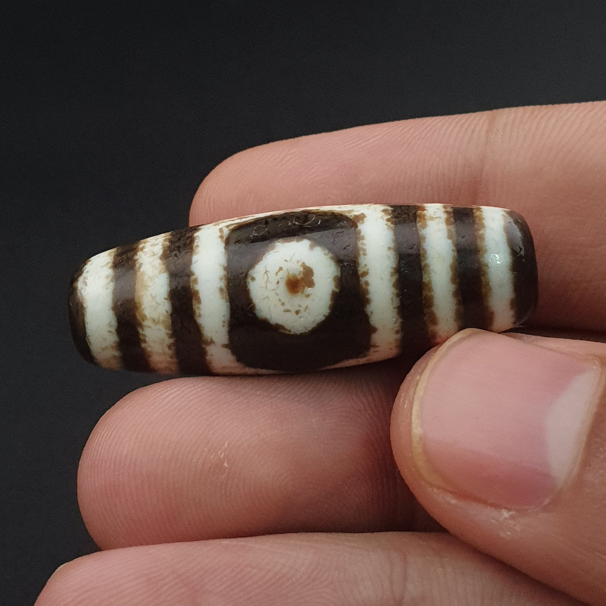 Amulette tibétaine ancienne rare en perle Dzi d'agate à motif 3 yeux