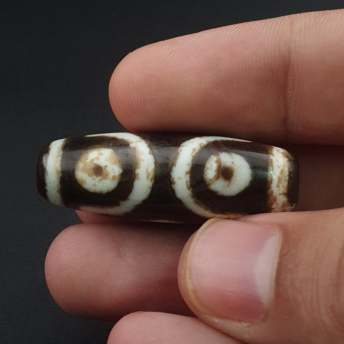 Amulette tibétaine ancienne rare en perle Dzi d'agate à motif 3 yeux