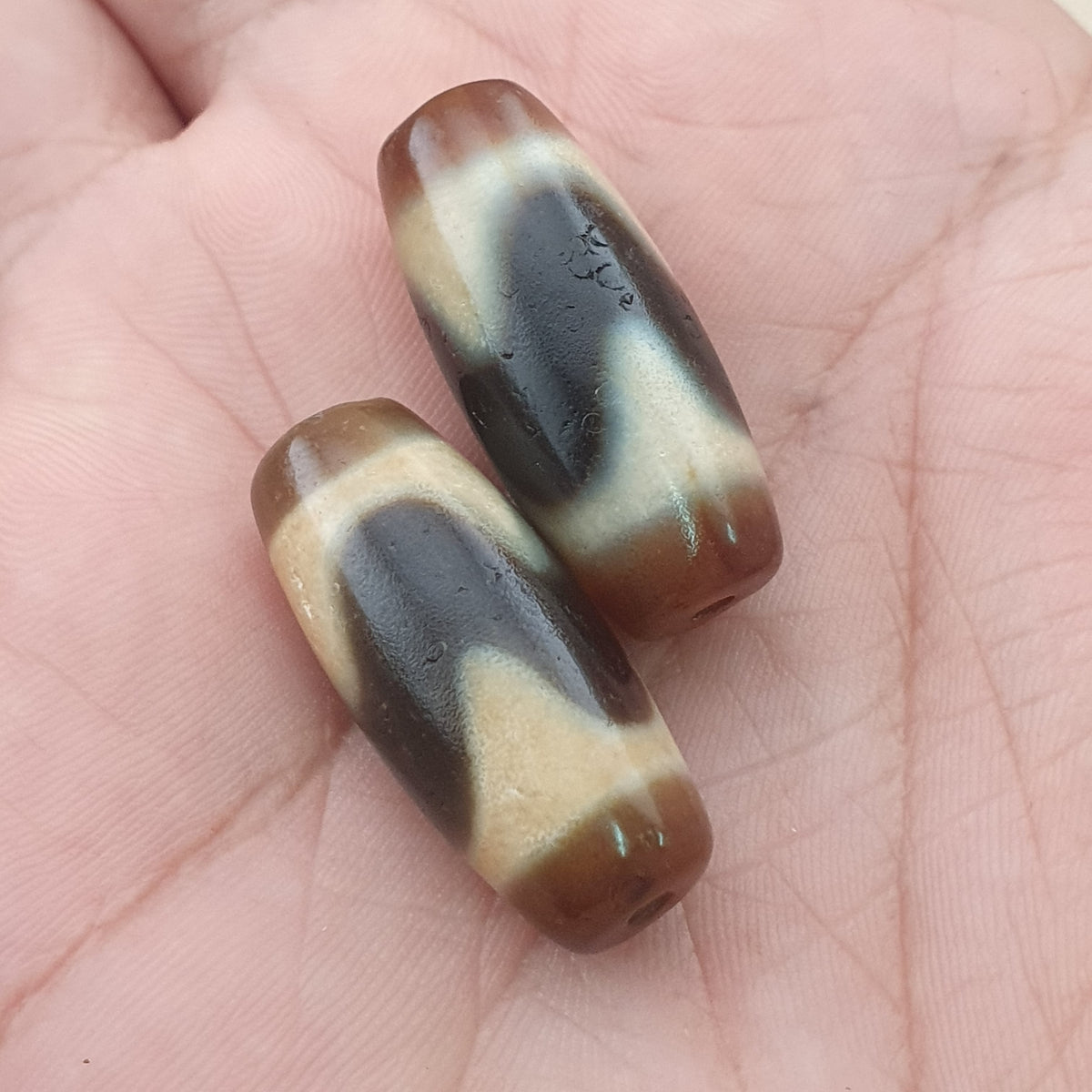 Lot de 2 amulettes perles agates du Tibet/Himalaya vintage ZigZag