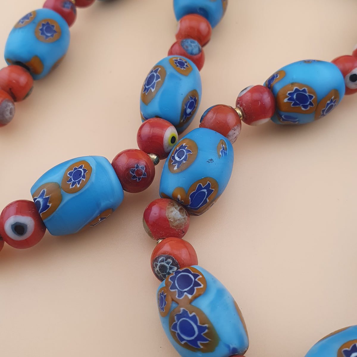 Vintage Venetian Style Floral & Red Eyes Glass Beads Necklace