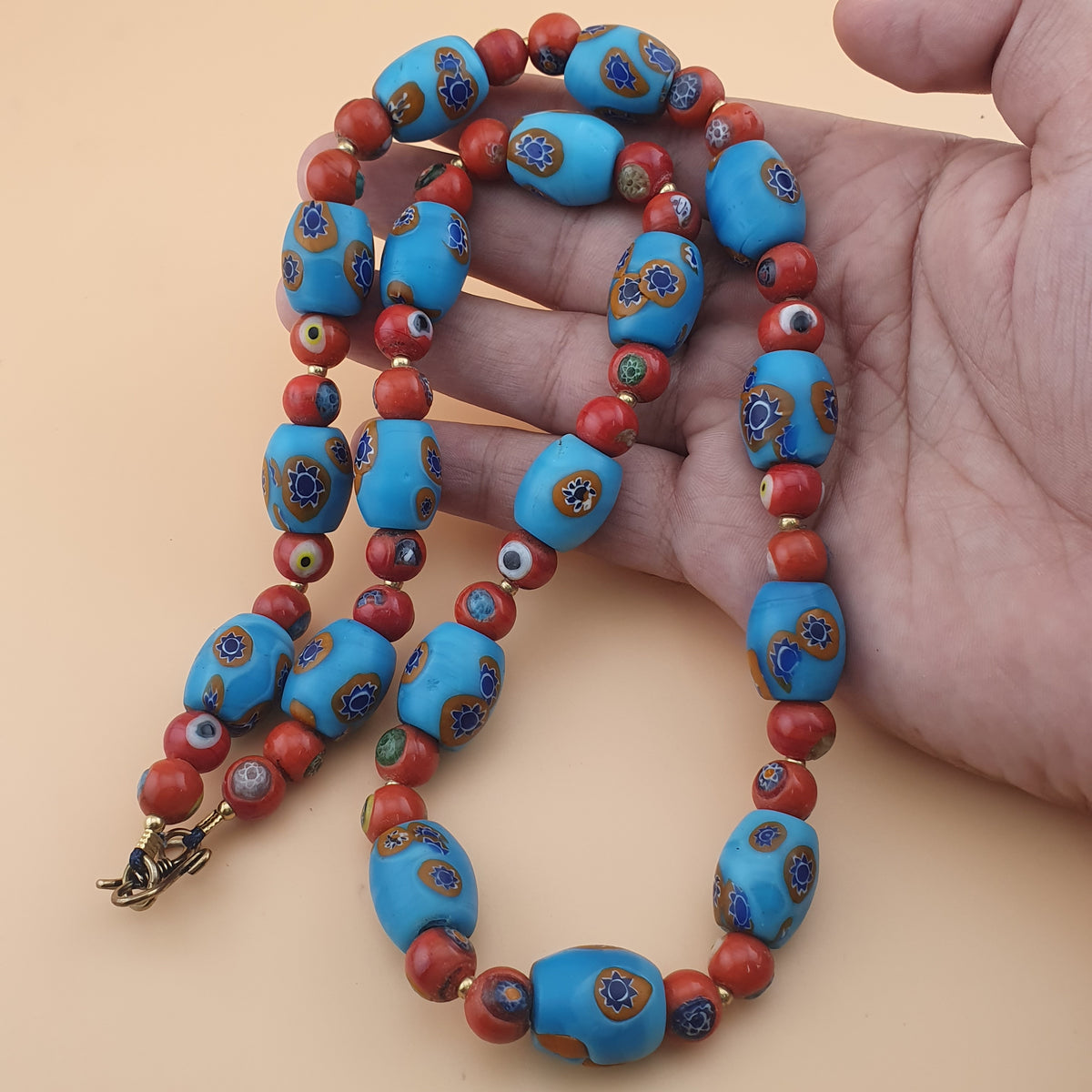 Vintage Venetian Style Floral & Red Eyes Glass Beads Necklace