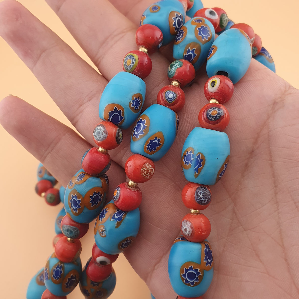 Vintage Venetian Style Floral & Red Eyes Glass Beads Necklace