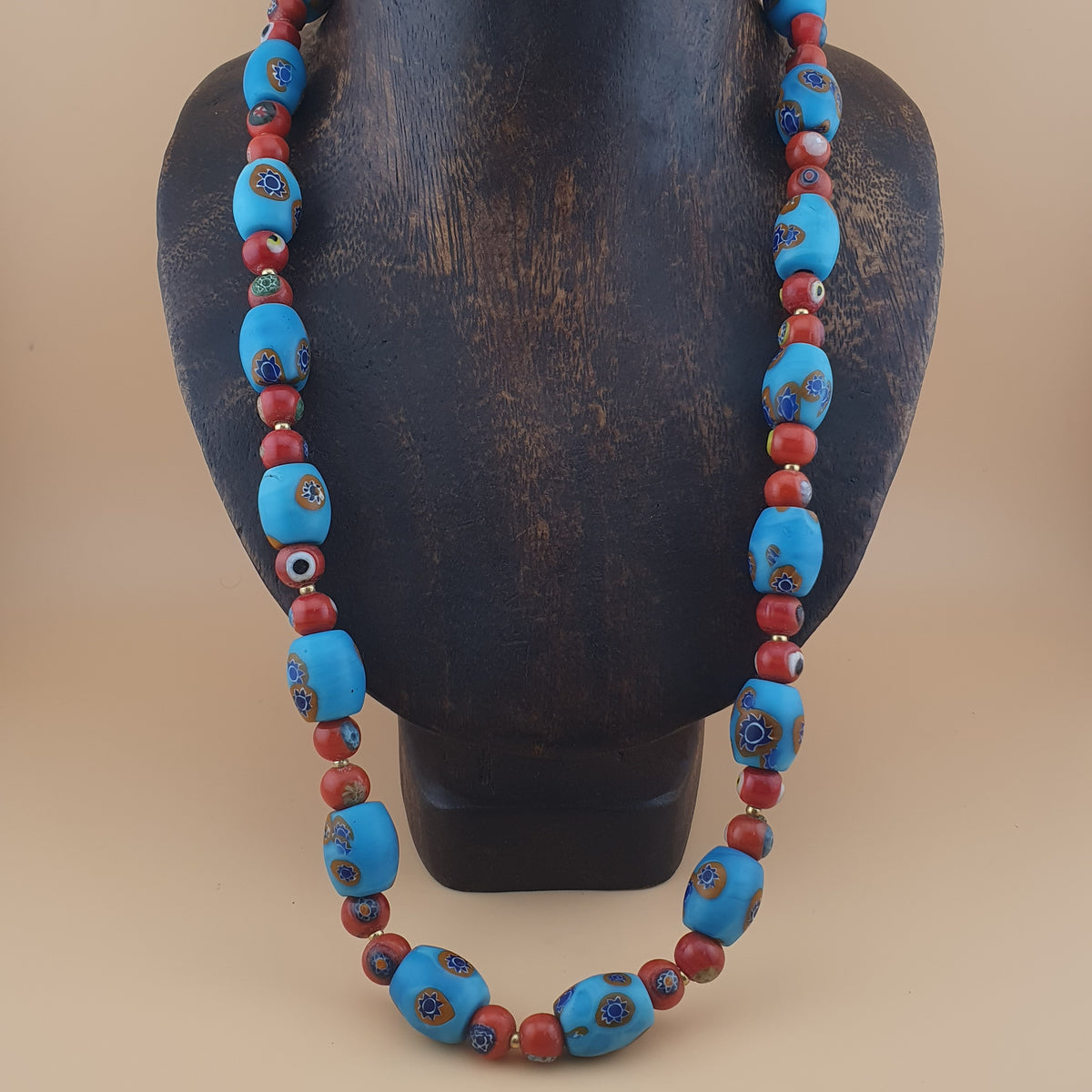 Vintage Venetian Style Floral & Red Eyes Glass Beads Necklace