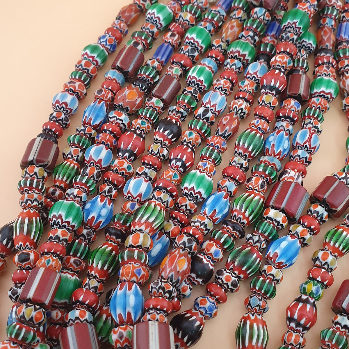 Antique Venetian MultiColor Mix Chevron Glass Beads Strands Necklace