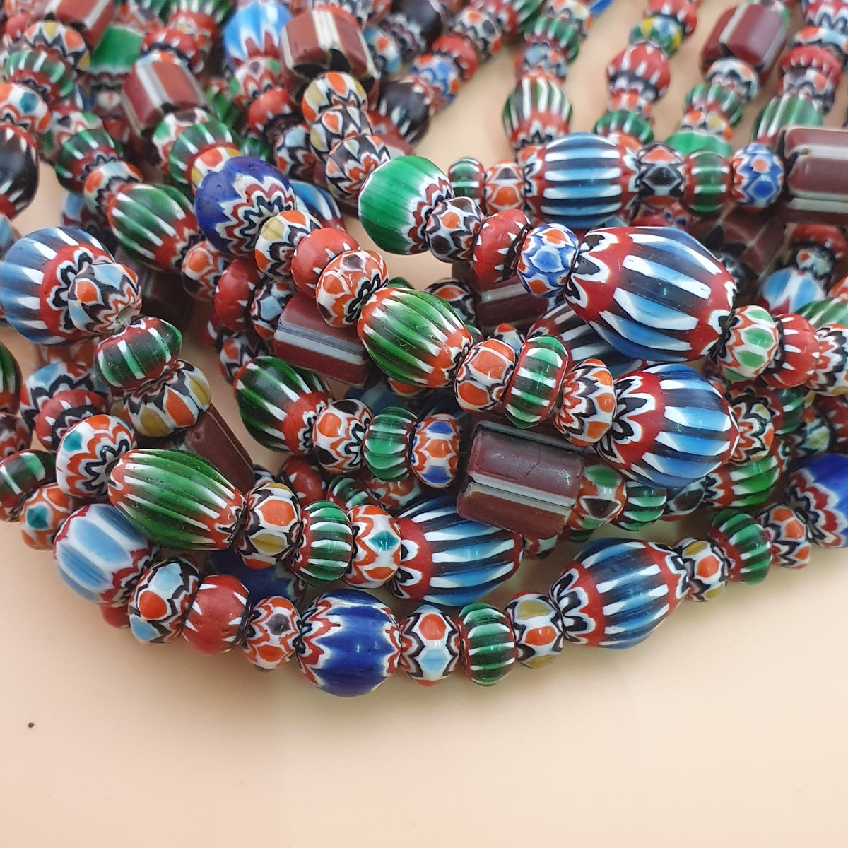 Antique Venetian MultiColor Mix Chevron Glass Beads Strands Necklace