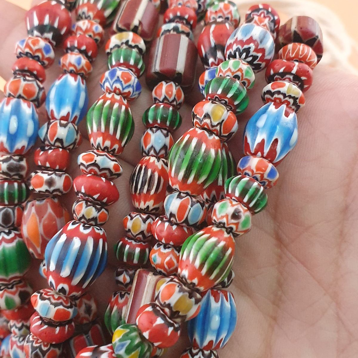 Antique Venetian MultiColor Mix Chevron Glass Beads Strands Necklace