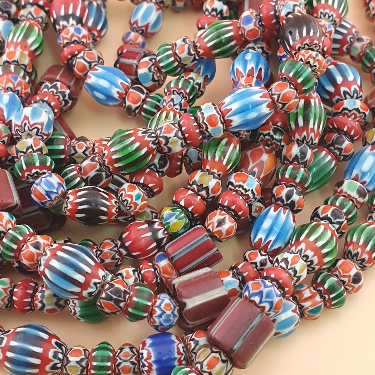 Antique Venetian MultiColor Mix Chevron Glass Beads Strands Necklace