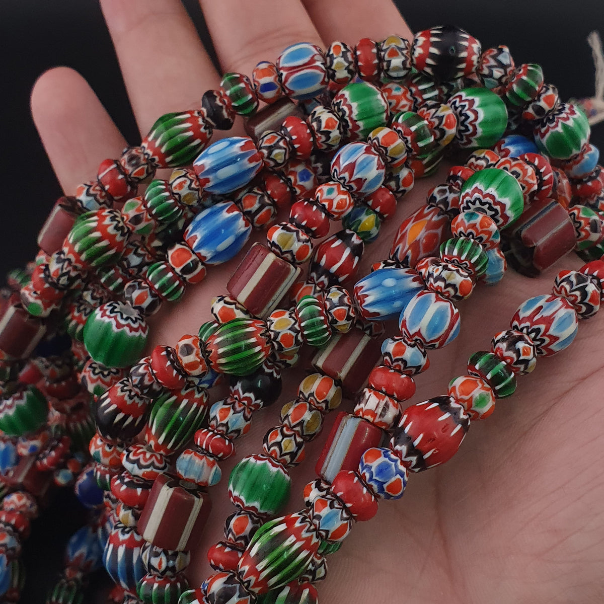 Antique Venetian MultiColor Mix Chevron Glass Beads Strands Necklace