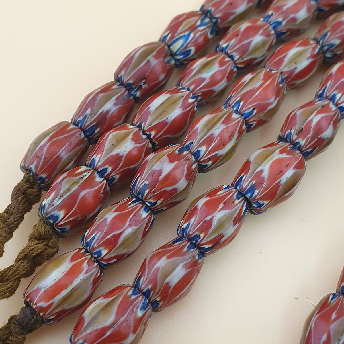 Antique Venetian Style Red & Brown Chevron Glass Beads Strands