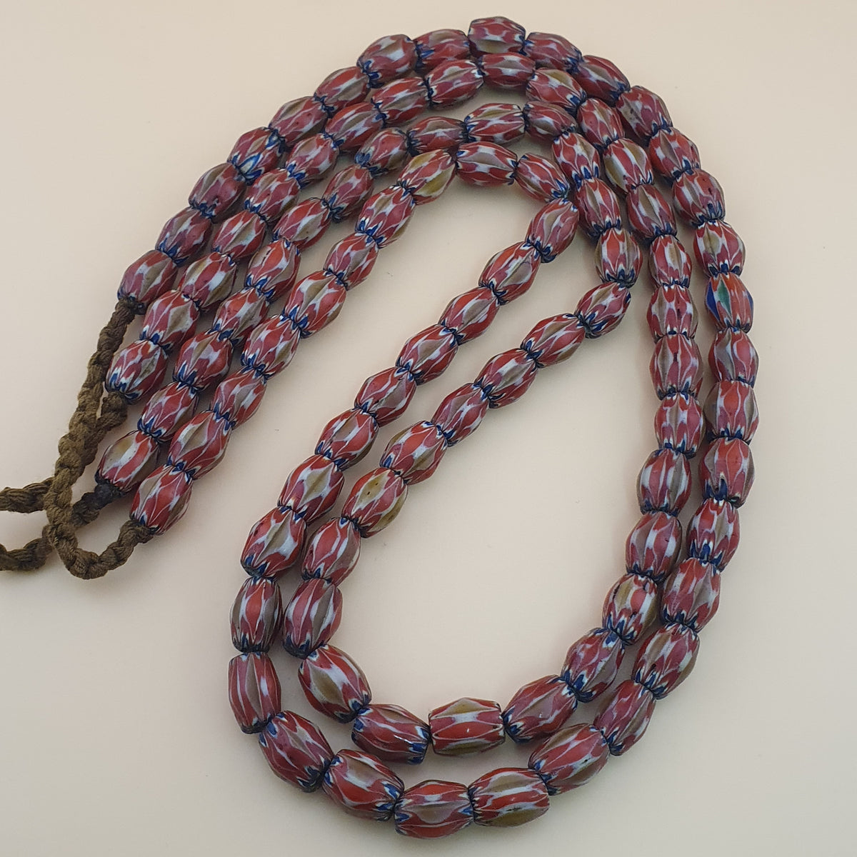 Antique Venetian Style Red & Brown Chevron Glass Beads Strands