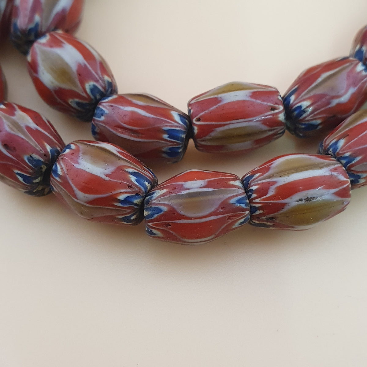 Antique Venetian Style Red & Brown Chevron Glass Beads Strands