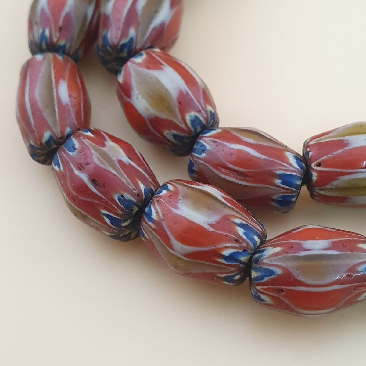 Antique Venetian Style Red & Brown Chevron Glass Beads Strands