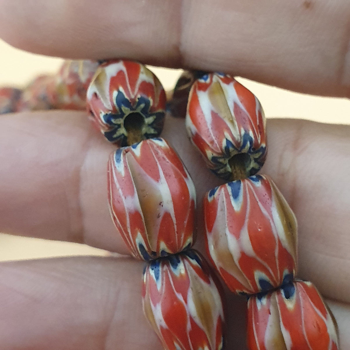 Antique Venetian Style Red & Brown Chevron Glass Beads Strands