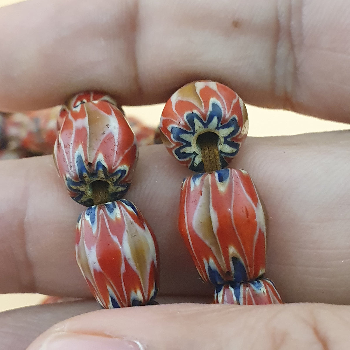 Antique Venetian Style Red & Brown Chevron Glass Beads Strands