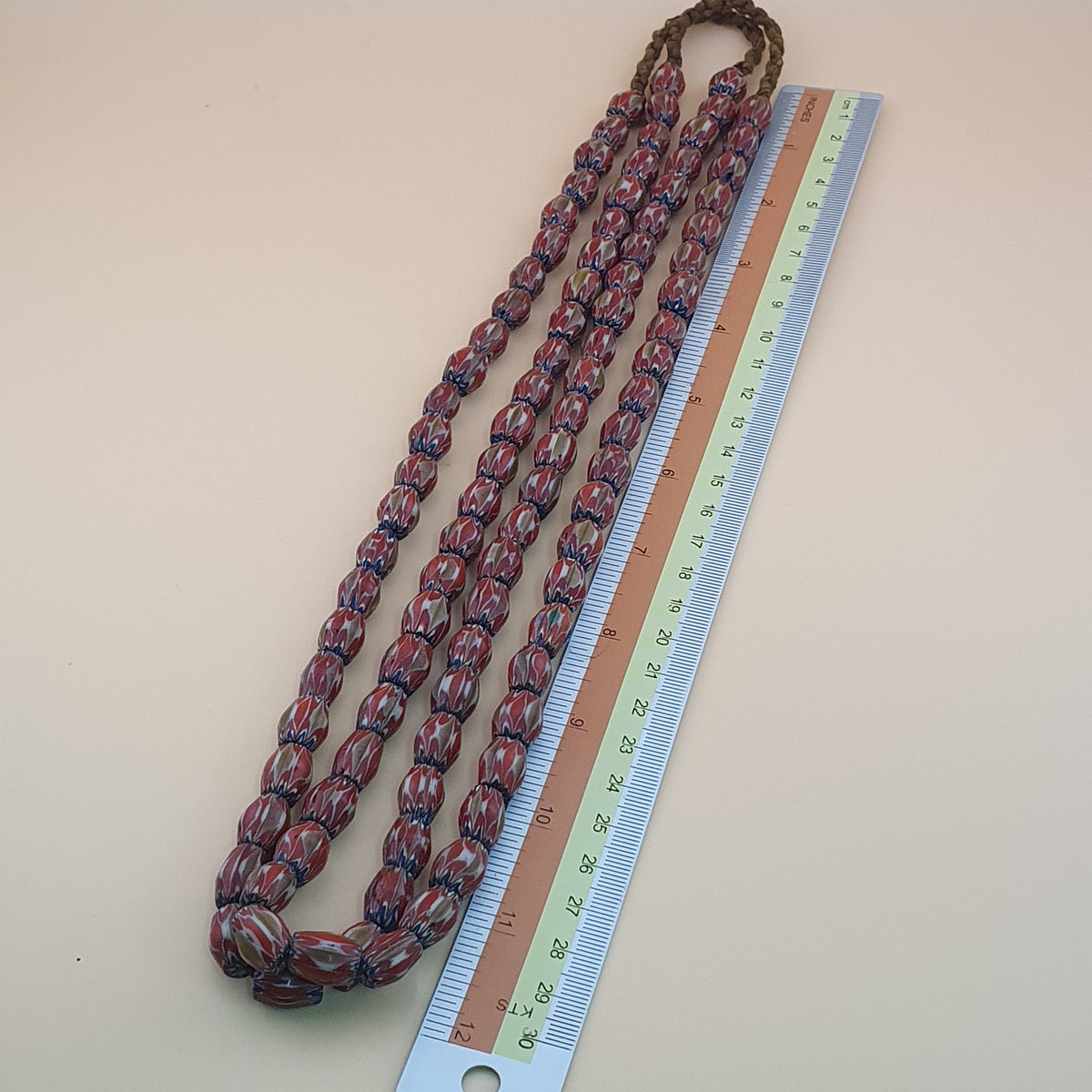 Antique Venetian Style Red & Brown Chevron Glass Beads Strands