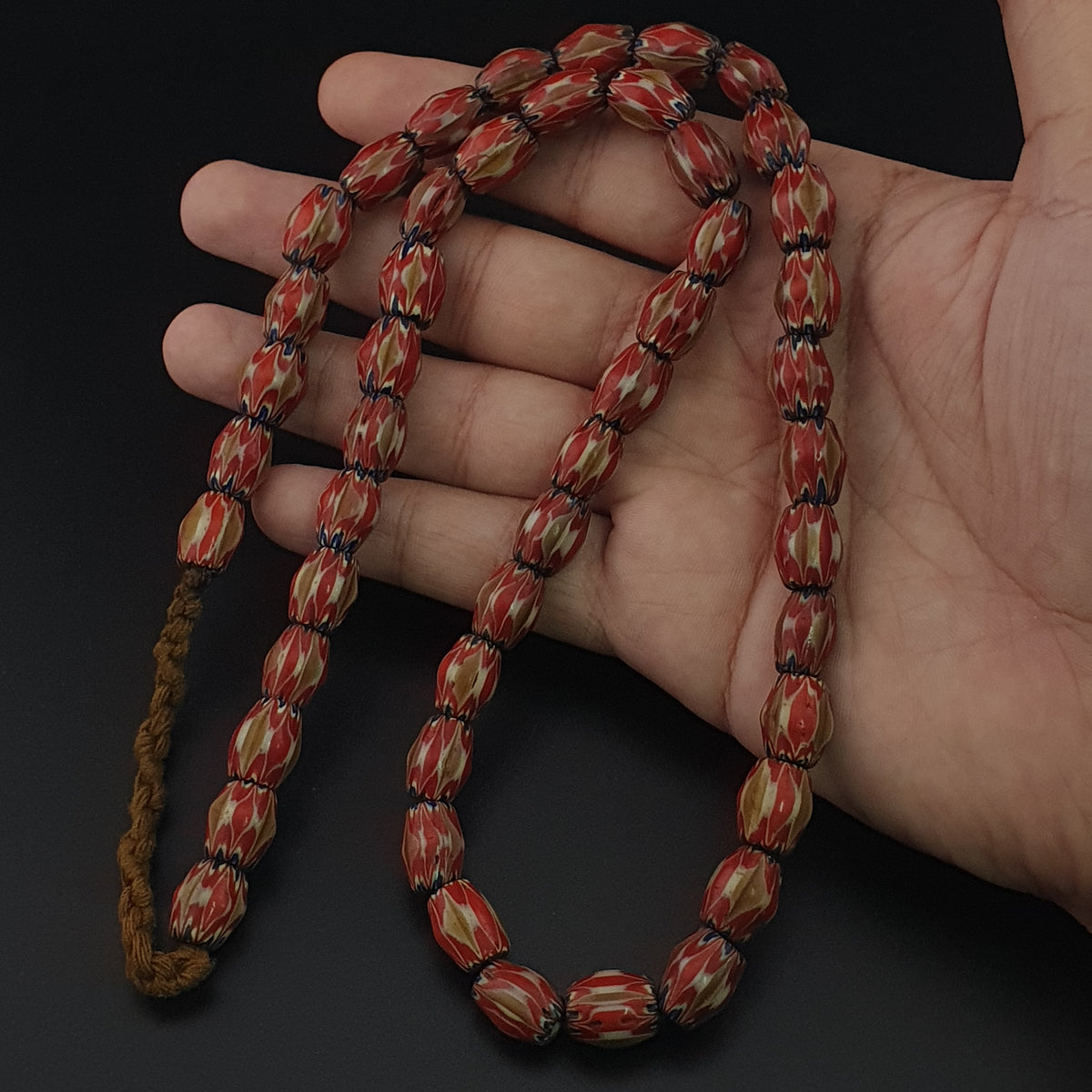 Antique Venetian Style Red & Brown Chevron Glass Beads Strands