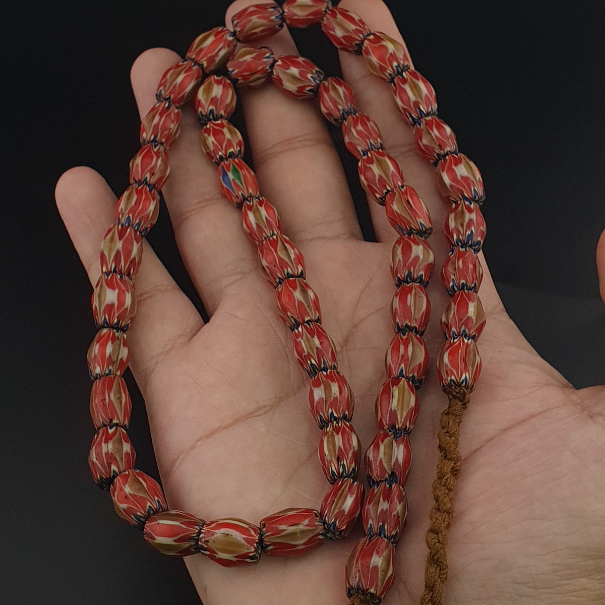 Antique Venetian Style Red & Brown Chevron Glass Beads Strands