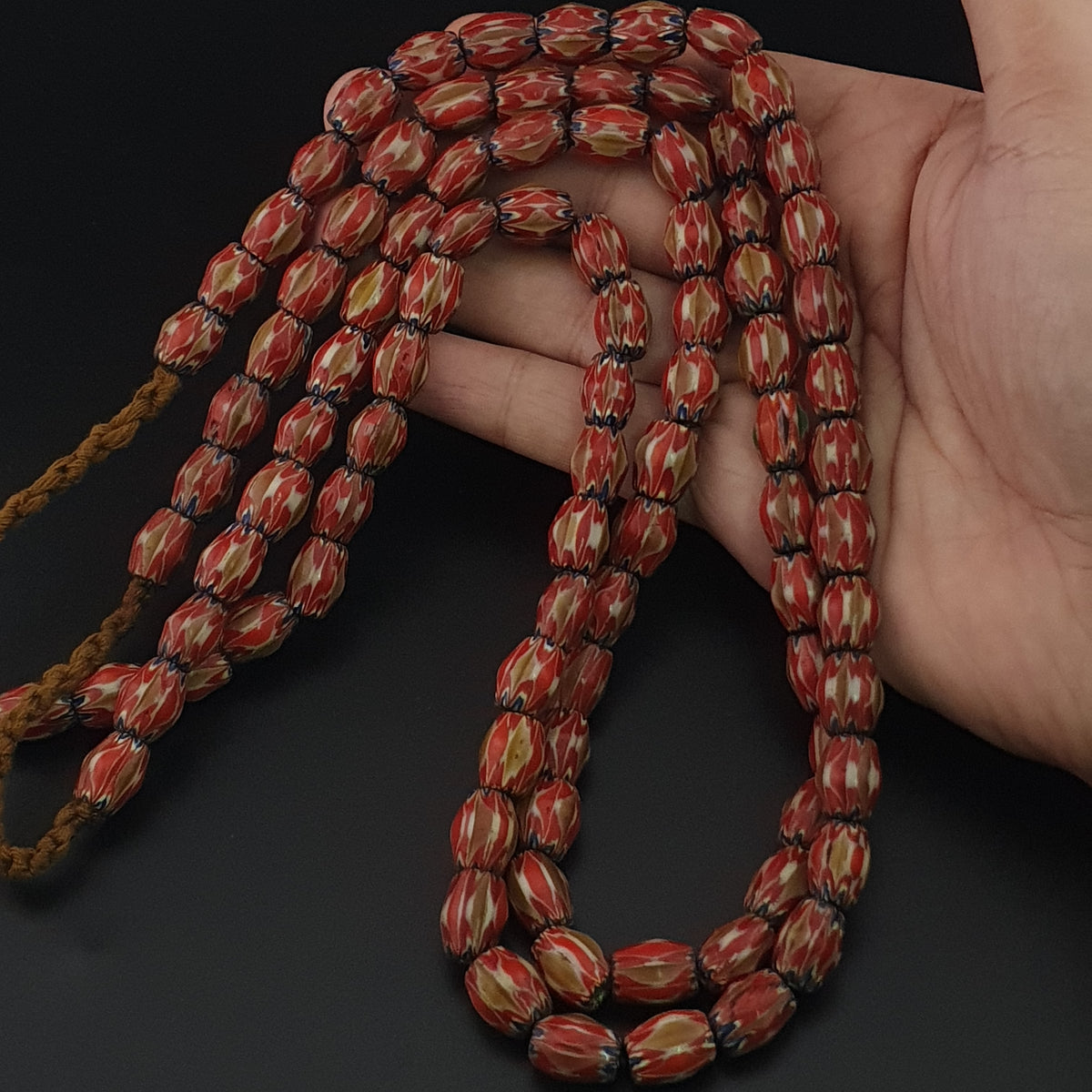 Antique Venetian Style Red & Brown Chevron Glass Beads Strands