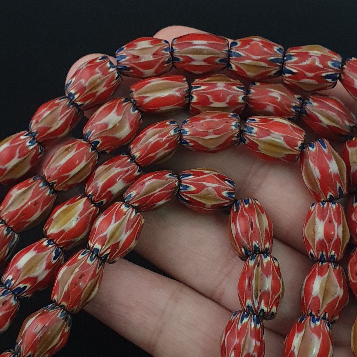 Antique Venetian Style Red & Brown Chevron Glass Beads Strands