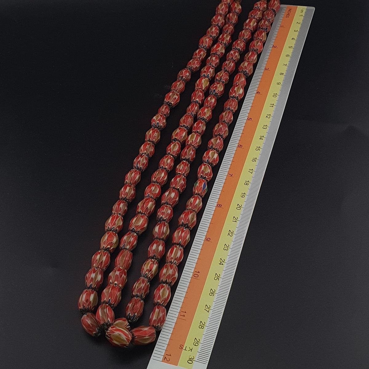 Antique Venetian Style Red & Brown Chevron Glass Beads Strands