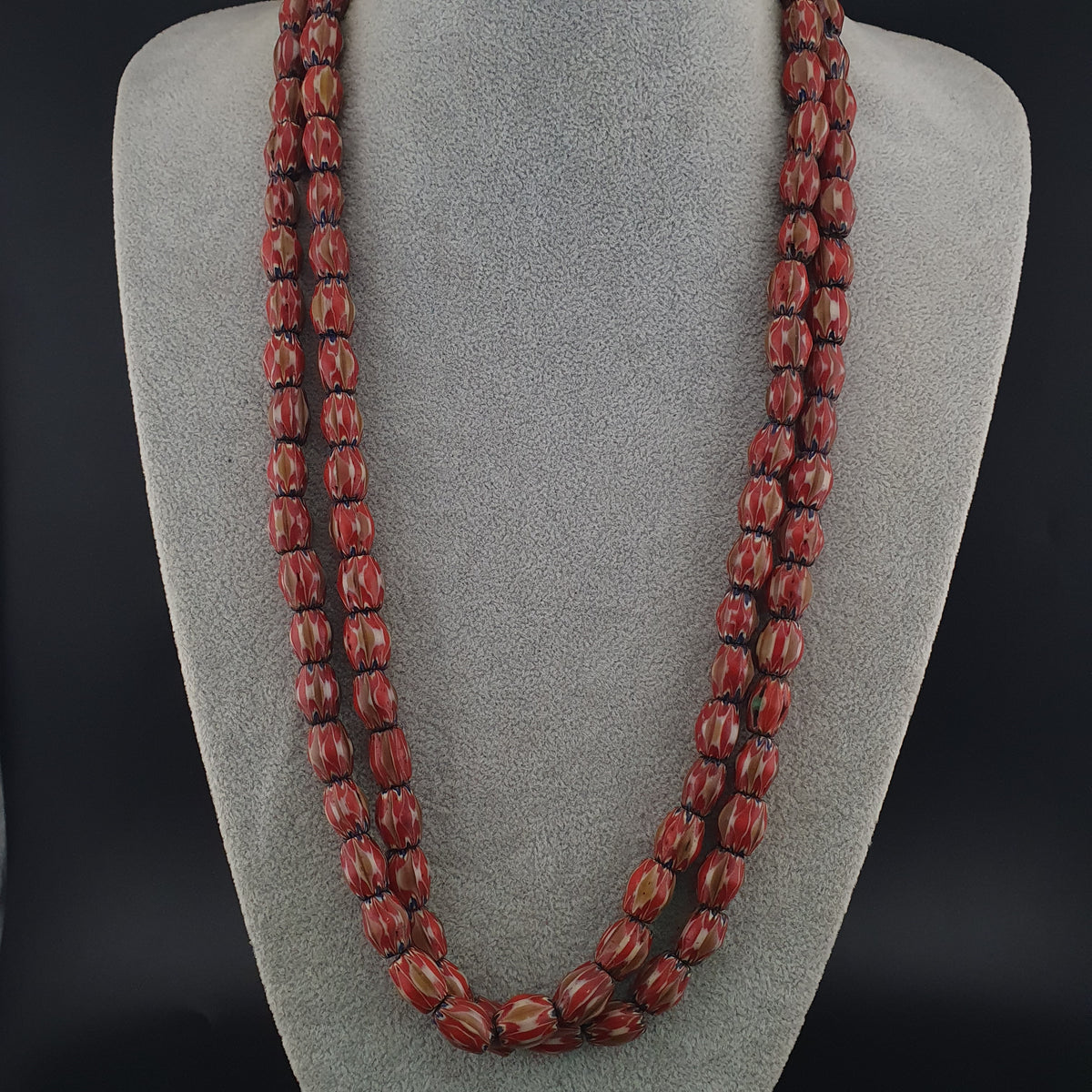 Antique Venetian Style Red & Brown Chevron Glass Beads Strands