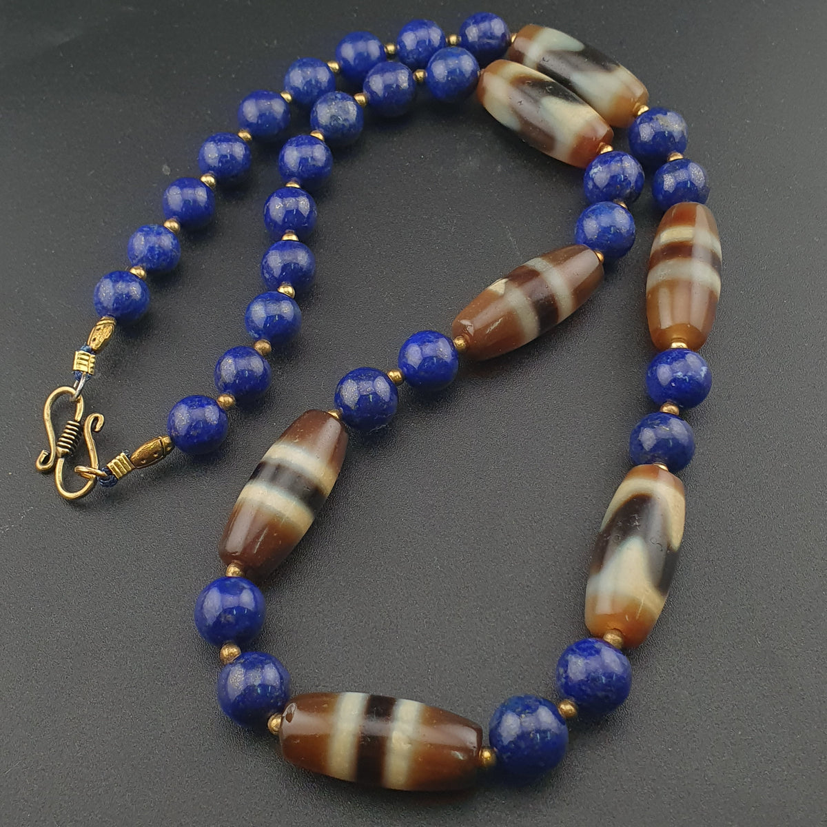 Collier en Agate, Lapis-Lazuli du Tibet, motif zigzag et rayures, style vintage