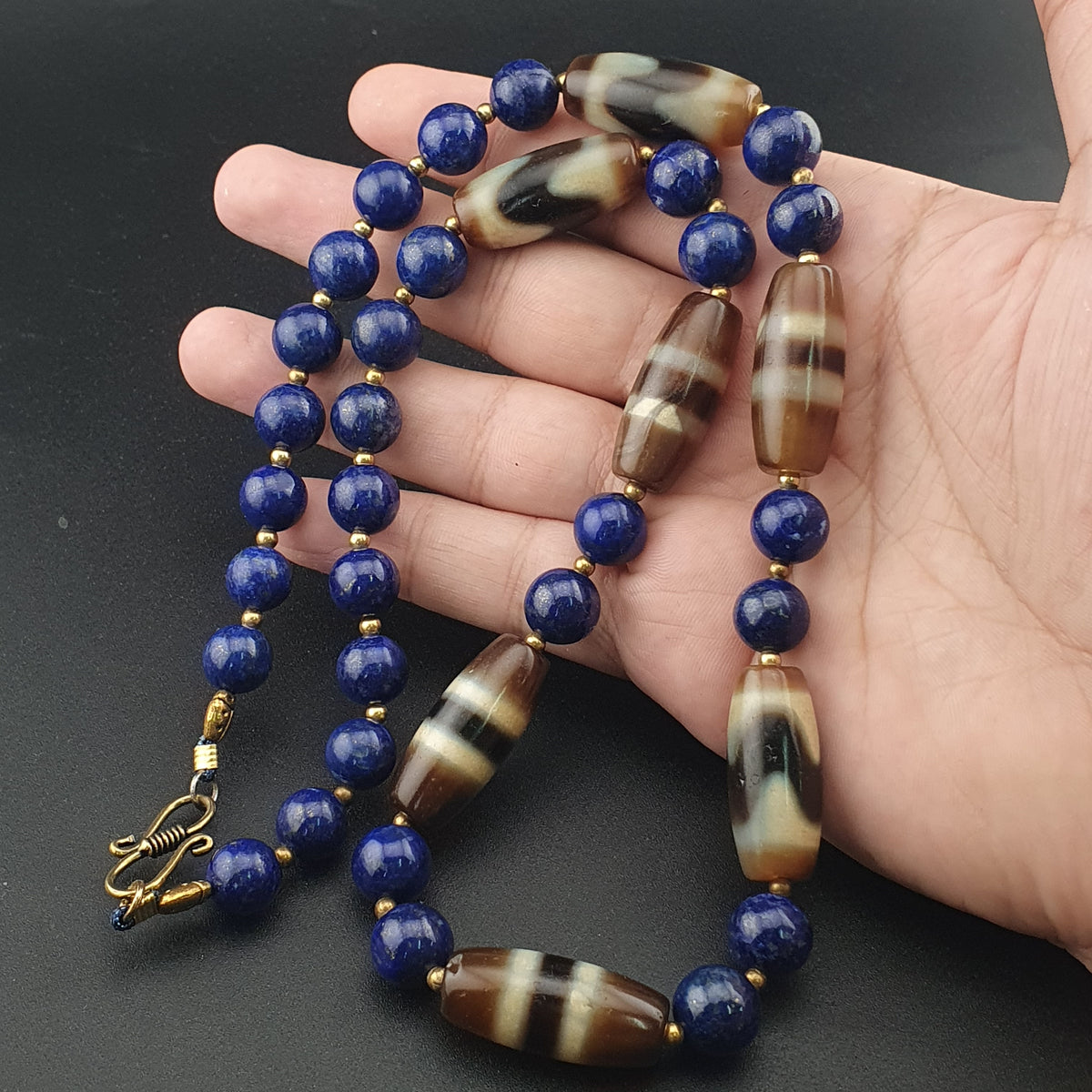 Collier en Agate, Lapis-Lazuli du Tibet, motif zigzag et rayures, style vintage