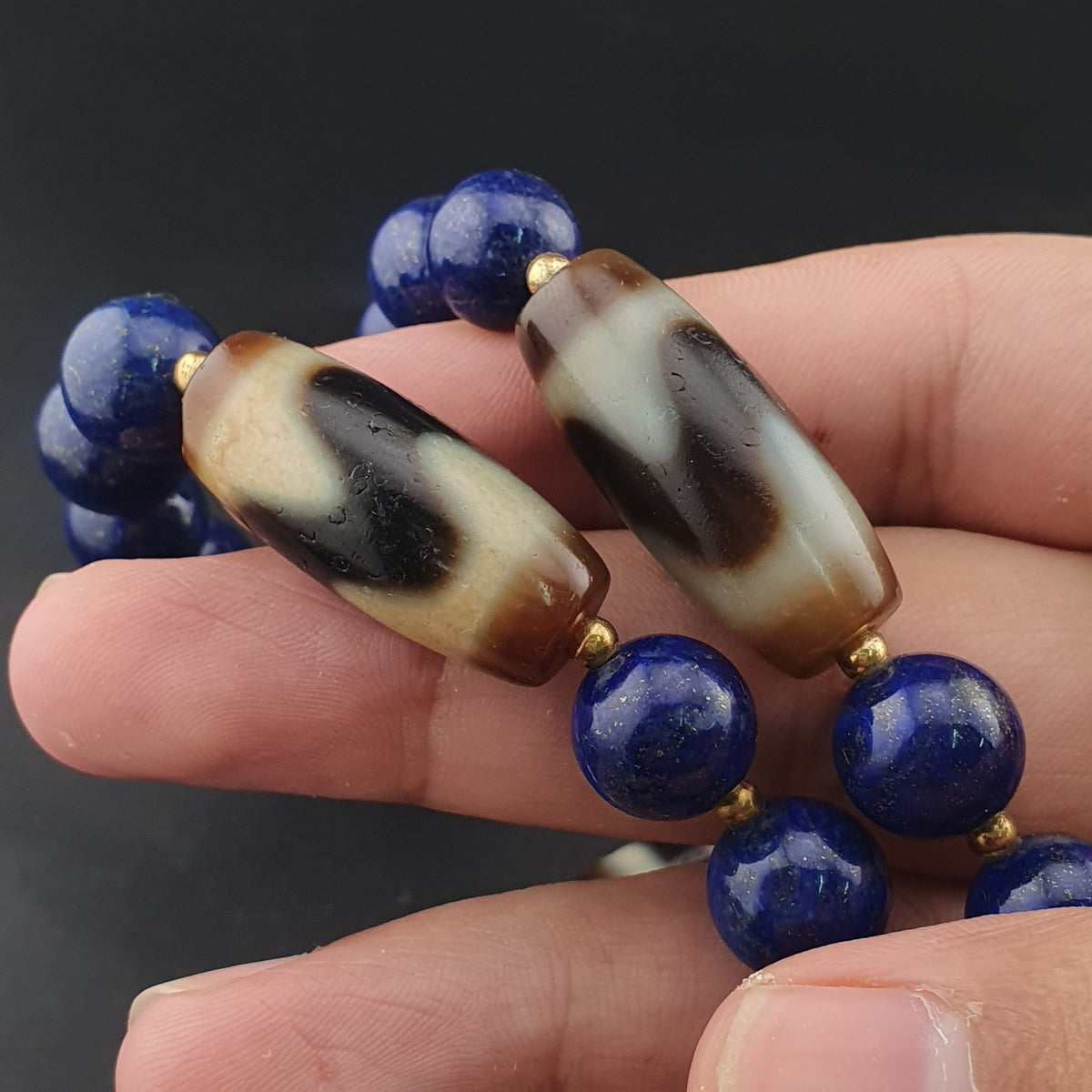 Collier en Agate, Lapis-Lazuli du Tibet, motif zigzag et rayures, style vintage
