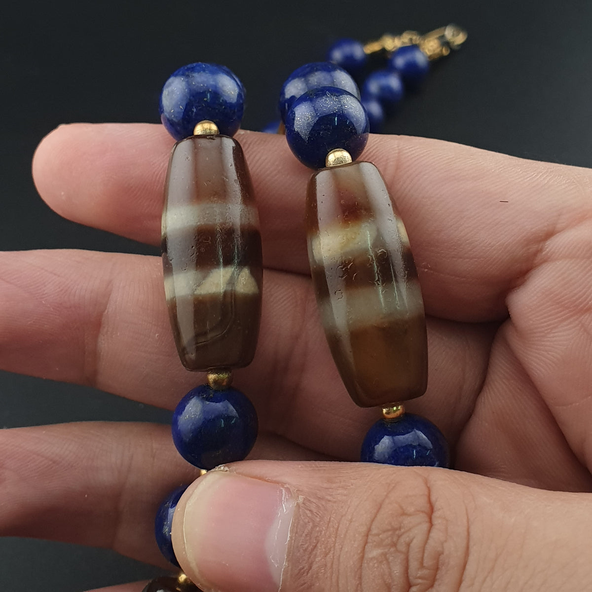 Collier en Agate, Lapis-Lazuli du Tibet, motif zigzag et rayures, style vintage