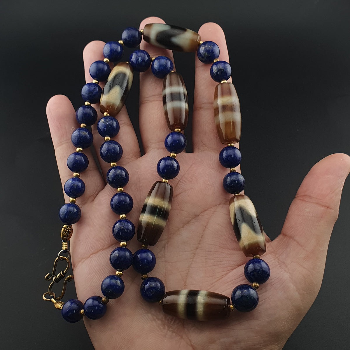 Collier en Agate, Lapis-Lazuli du Tibet, motif zigzag et rayures, style vintage