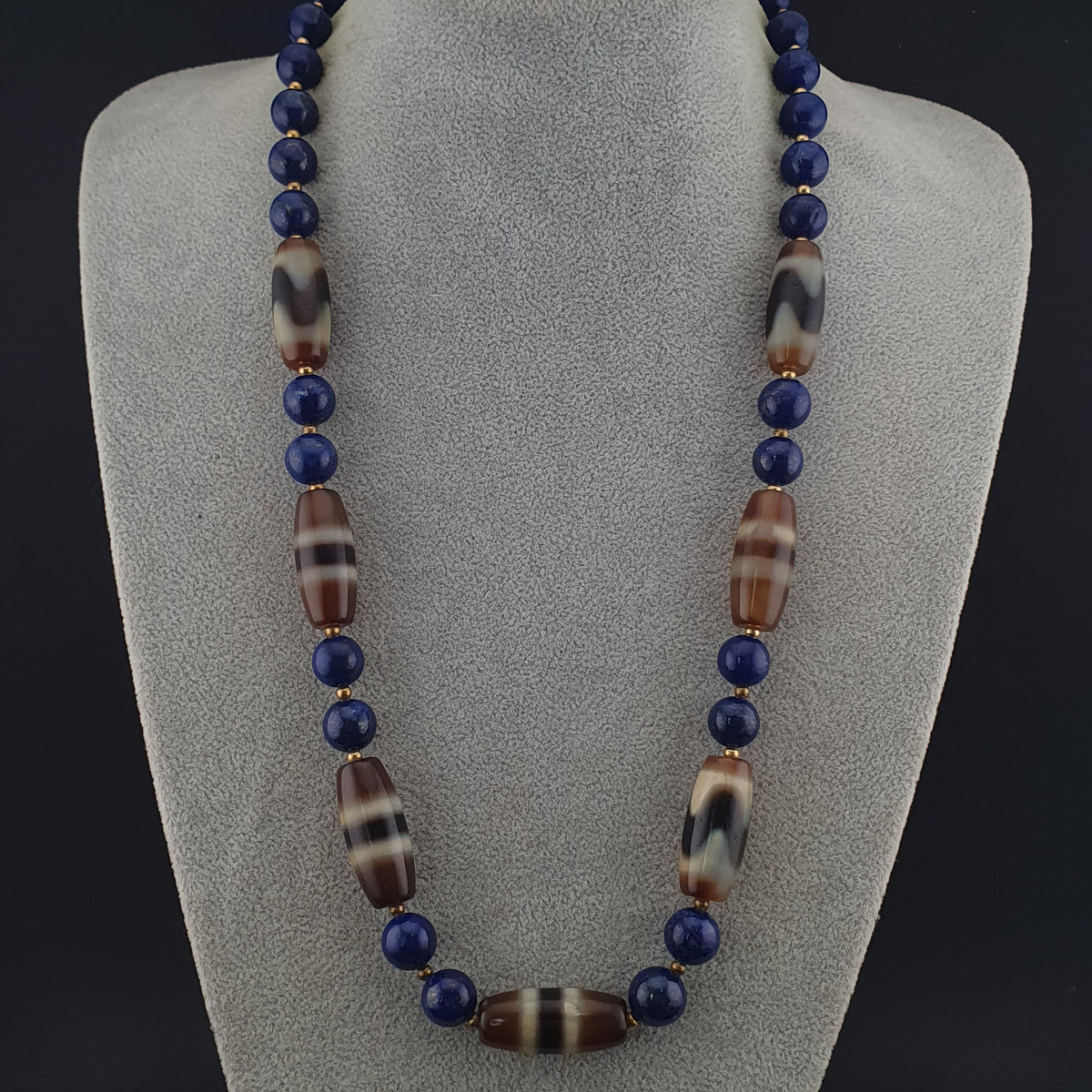 Collier en Agate, Lapis-Lazuli du Tibet, motif zigzag et rayures, style vintage