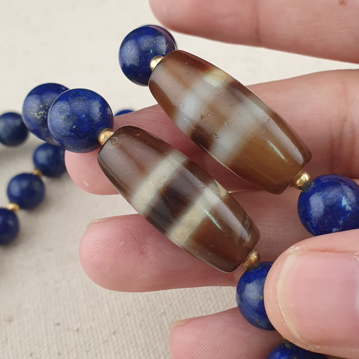 Collier en Agate, Lapis-Lazuli du Tibet, motif zigzag et rayures, style vintage