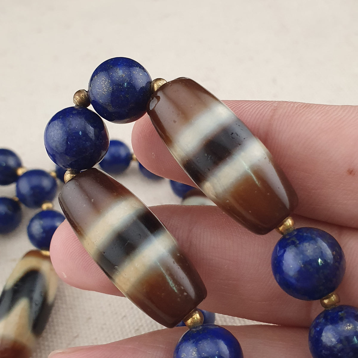 Collier en Agate, Lapis-Lazuli du Tibet, motif zigzag et rayures, style vintage