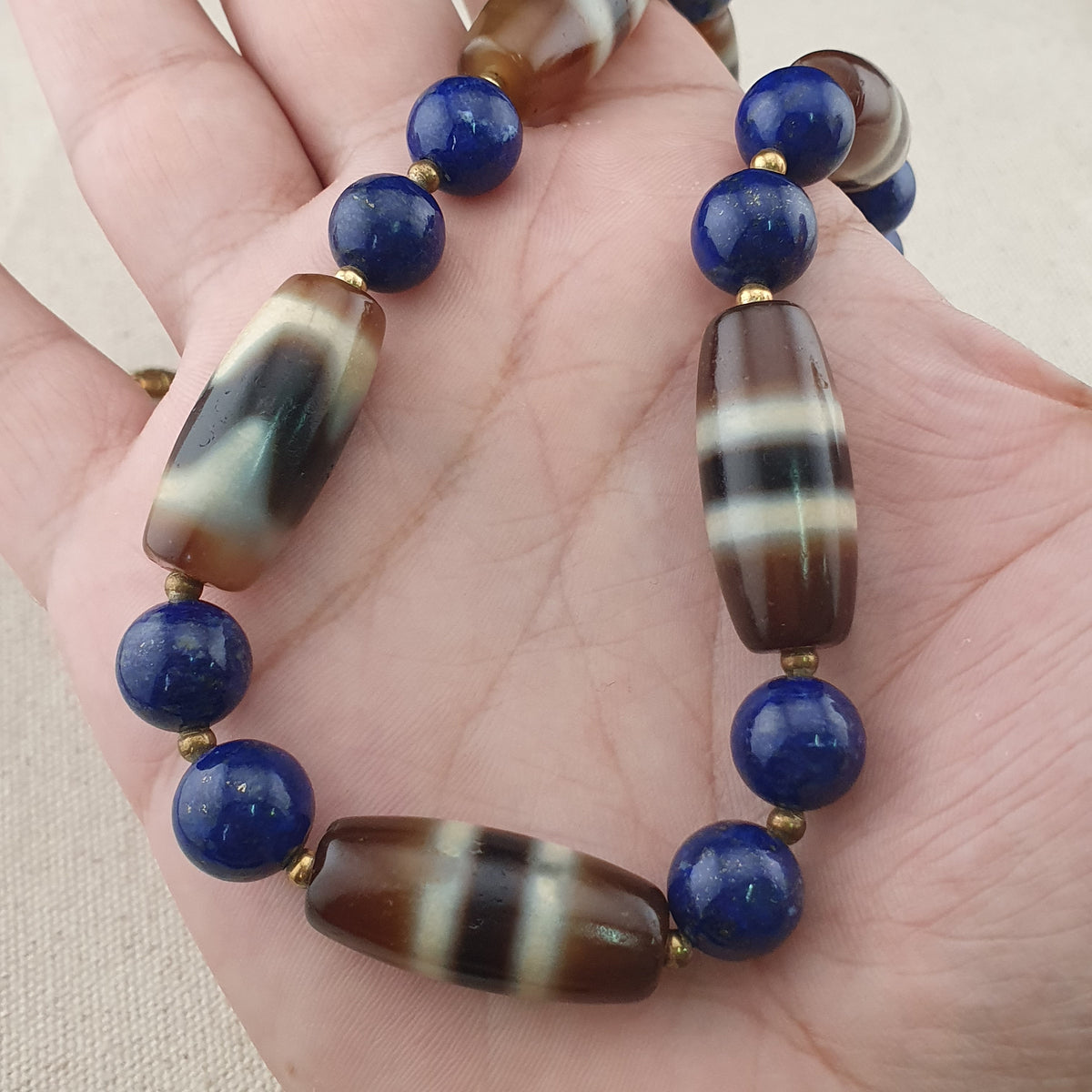 Collier en Agate, Lapis-Lazuli du Tibet, motif zigzag et rayures, style vintage