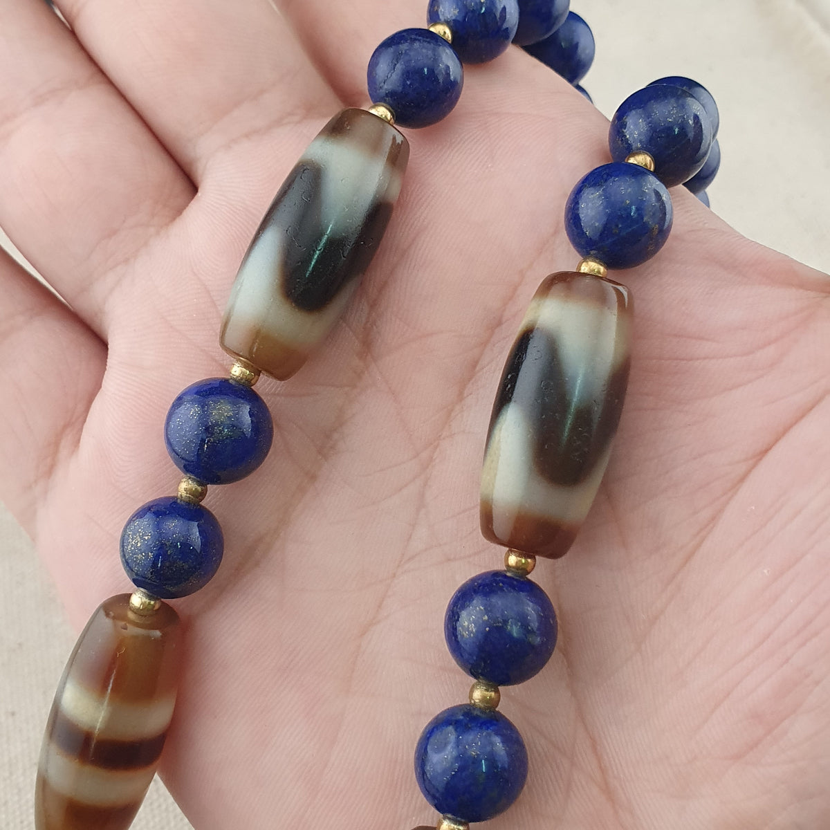 Collier en Agate, Lapis-Lazuli du Tibet, motif zigzag et rayures, style vintage