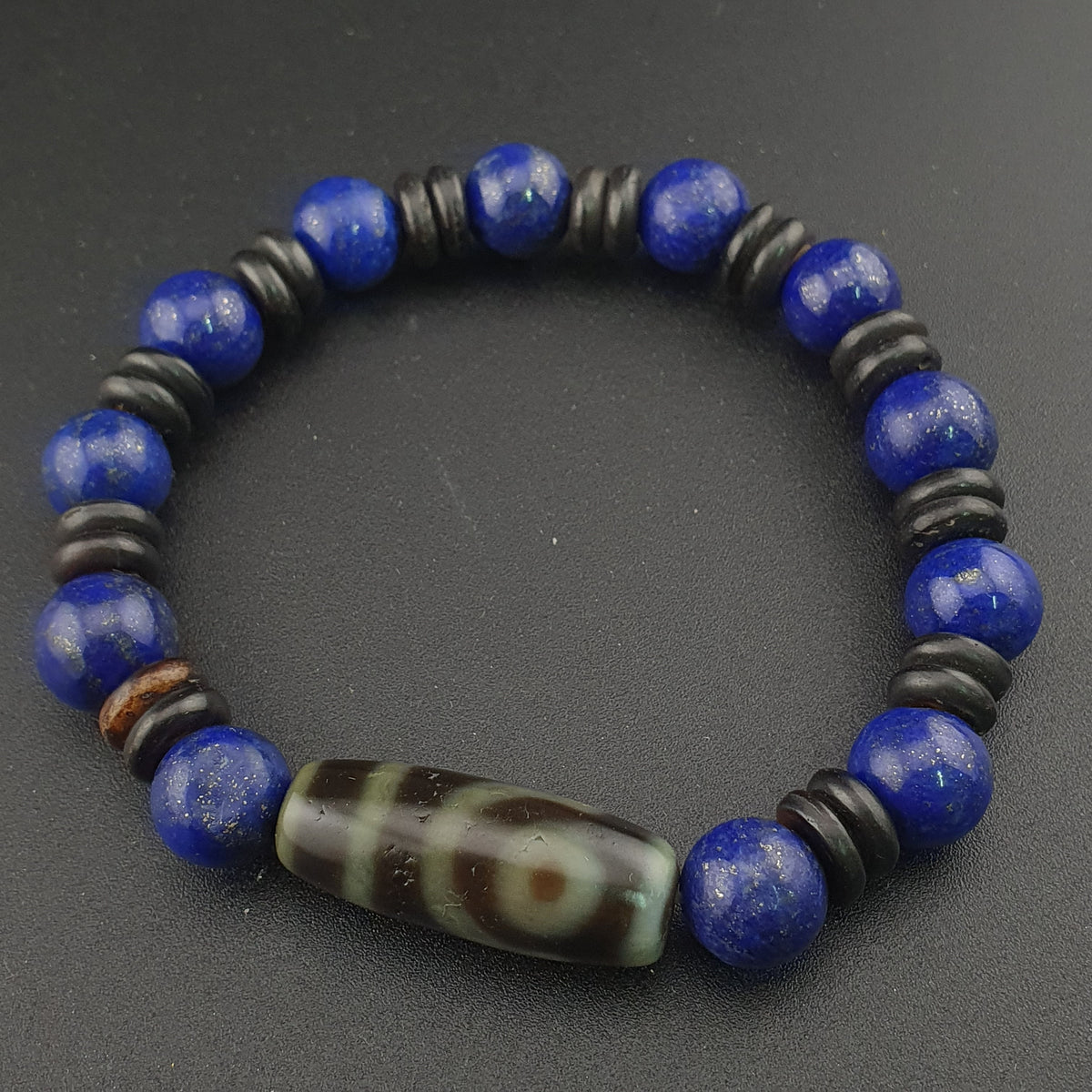Bracelet perles agate himalayenne 2 yeux et lapis-lazuli vintage