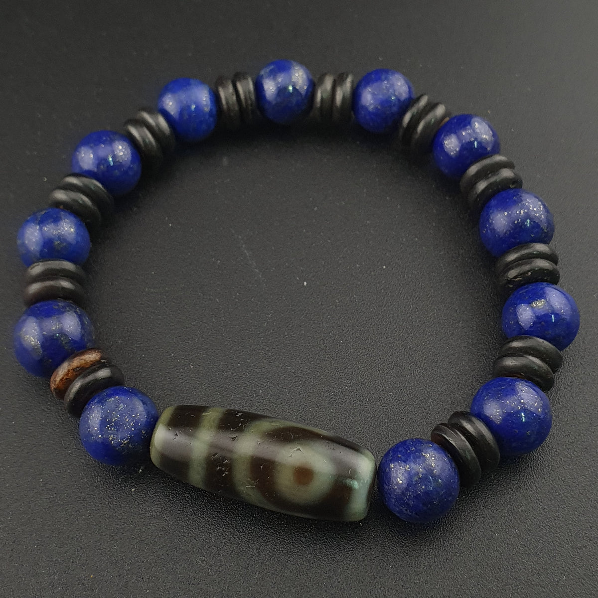 Bracelet perles agate himalayenne 2 yeux et lapis-lazuli vintage