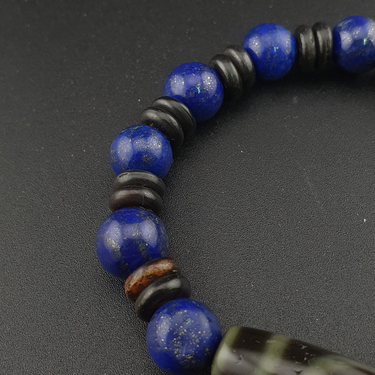 Bracelet perles agate himalayenne 2 yeux et lapis-lazuli vintage
