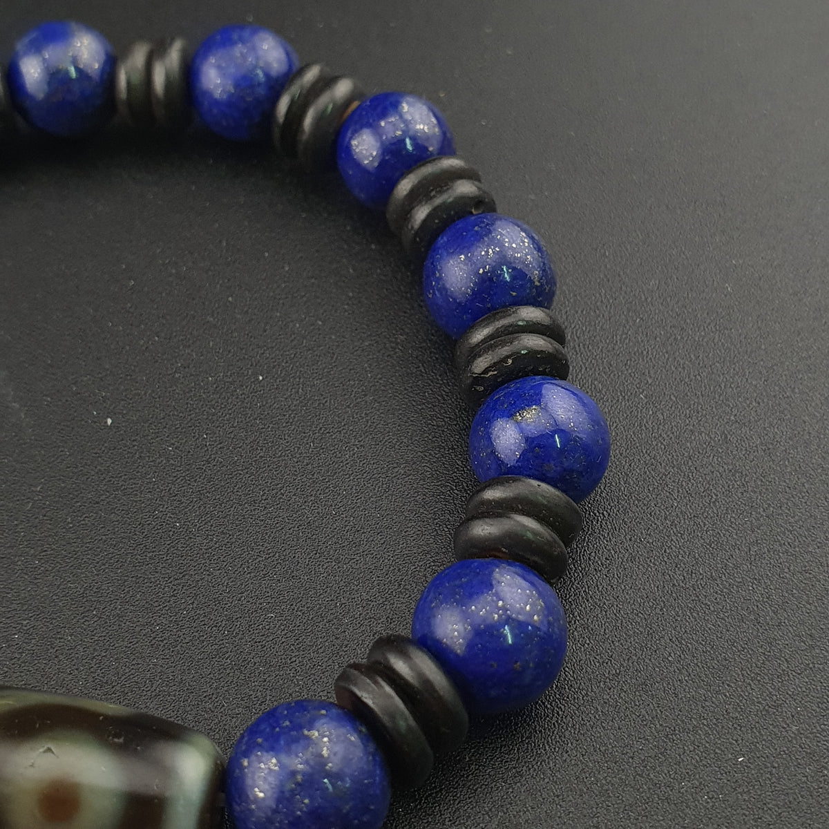 Bracelet perles agate himalayenne 2 yeux et lapis-lazuli vintage